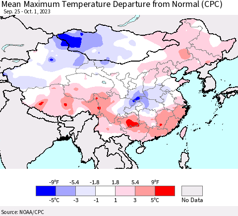 China, Mongolia and Taiwan Mean Maximum Temperature Departure from Normal (CPC) Thematic Map For 9/25/2023 - 10/1/2023