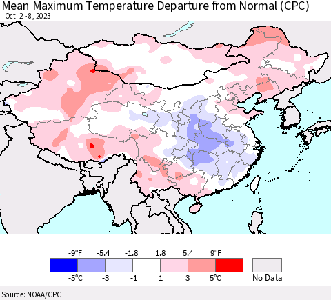 China, Mongolia and Taiwan Mean Maximum Temperature Departure from Normal (CPC) Thematic Map For 10/2/2023 - 10/8/2023