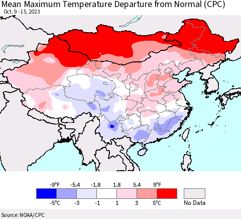 China, Mongolia and Taiwan Mean Maximum Temperature Departure from Normal (CPC) Thematic Map For 10/9/2023 - 10/15/2023