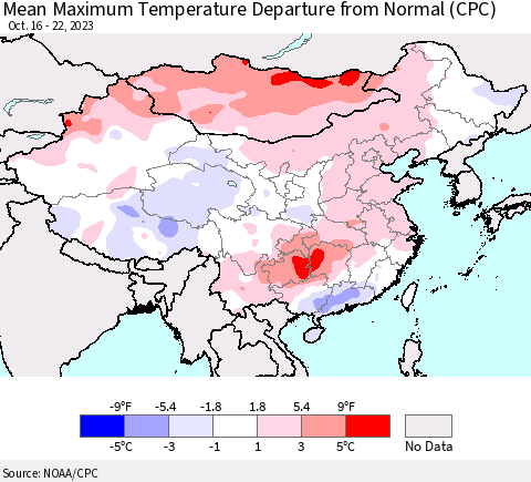 China, Mongolia and Taiwan Mean Maximum Temperature Departure from Normal (CPC) Thematic Map For 10/16/2023 - 10/22/2023