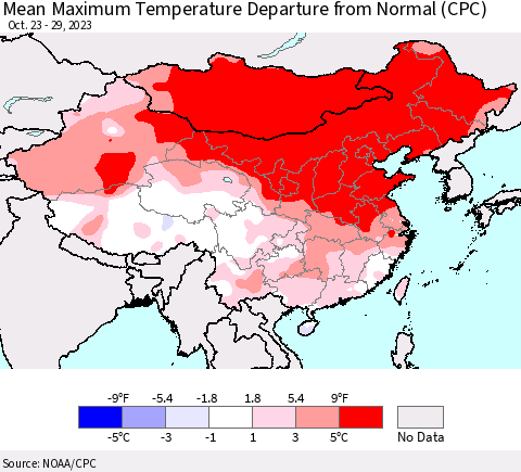 China, Mongolia and Taiwan Mean Maximum Temperature Departure from Normal (CPC) Thematic Map For 10/23/2023 - 10/29/2023