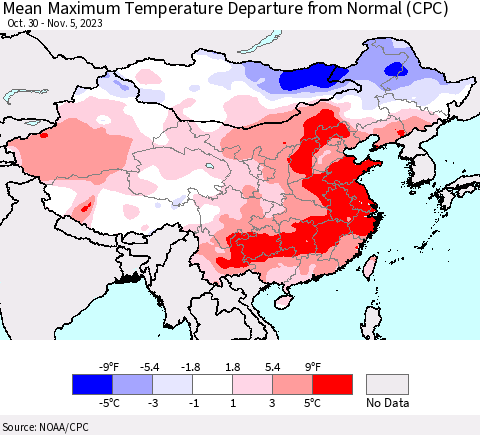 China, Mongolia and Taiwan Mean Maximum Temperature Departure from Normal (CPC) Thematic Map For 10/30/2023 - 11/5/2023