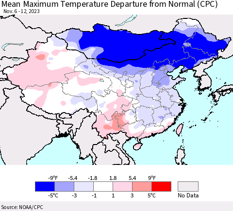 China, Mongolia and Taiwan Mean Maximum Temperature Departure from Normal (CPC) Thematic Map For 11/6/2023 - 11/12/2023