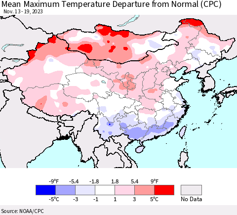 China, Mongolia and Taiwan Mean Maximum Temperature Departure from Normal (CPC) Thematic Map For 11/13/2023 - 11/19/2023