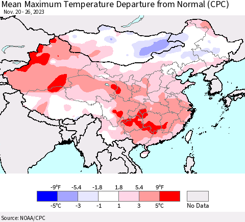 China, Mongolia and Taiwan Mean Maximum Temperature Departure from Normal (CPC) Thematic Map For 11/20/2023 - 11/26/2023