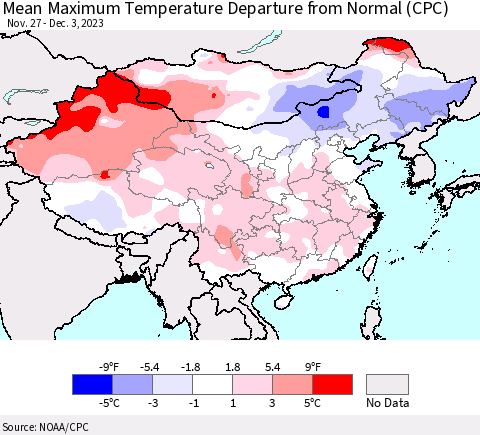 China, Mongolia and Taiwan Mean Maximum Temperature Departure from Normal (CPC) Thematic Map For 11/27/2023 - 12/3/2023