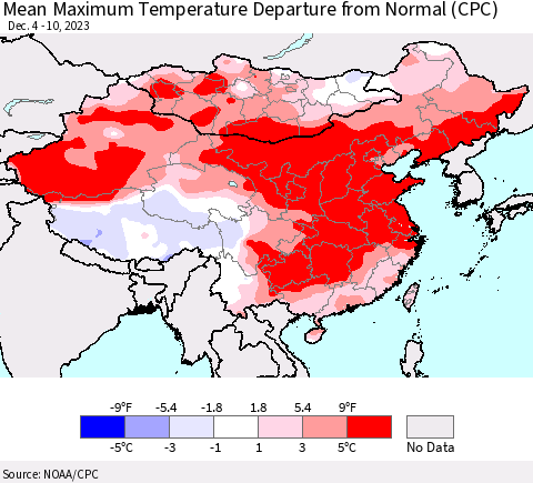 China, Mongolia and Taiwan Mean Maximum Temperature Departure from Normal (CPC) Thematic Map For 12/4/2023 - 12/10/2023
