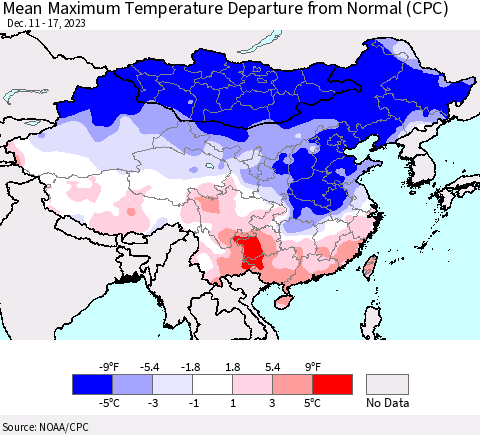 China, Mongolia and Taiwan Mean Maximum Temperature Departure from Normal (CPC) Thematic Map For 12/11/2023 - 12/17/2023