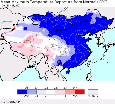 China, Mongolia and Taiwan Mean Maximum Temperature Departure from Normal (CPC) Thematic Map For 12/18/2023 - 12/24/2023