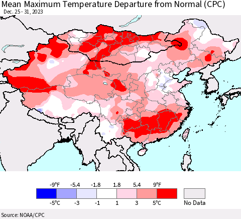 China, Mongolia and Taiwan Mean Maximum Temperature Departure from Normal (CPC) Thematic Map For 12/25/2023 - 12/31/2023