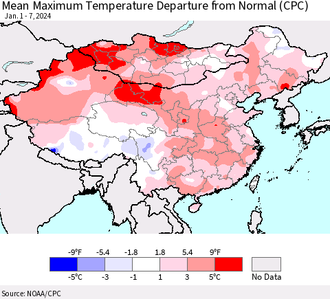 China, Mongolia and Taiwan Mean Maximum Temperature Departure from Normal (CPC) Thematic Map For 1/1/2024 - 1/7/2024