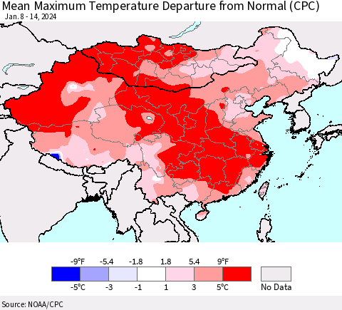 China, Mongolia and Taiwan Mean Maximum Temperature Departure from Normal (CPC) Thematic Map For 1/8/2024 - 1/14/2024