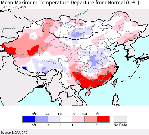 China, Mongolia and Taiwan Mean Maximum Temperature Departure from Normal (CPC) Thematic Map For 1/15/2024 - 1/21/2024