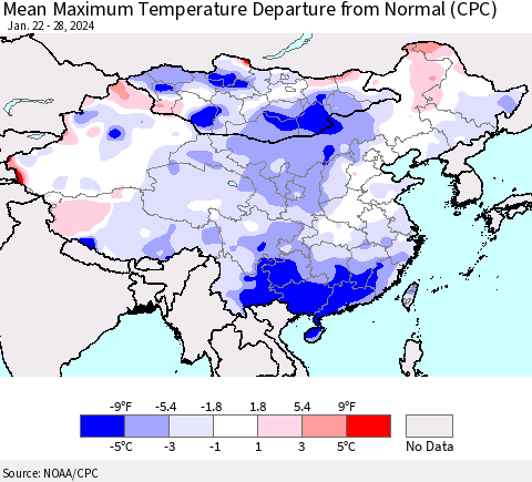 China, Mongolia and Taiwan Mean Maximum Temperature Departure from Normal (CPC) Thematic Map For 1/22/2024 - 1/28/2024