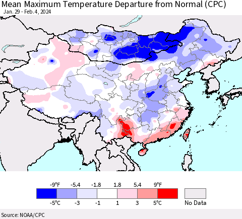 China, Mongolia and Taiwan Mean Maximum Temperature Departure from Normal (CPC) Thematic Map For 1/29/2024 - 2/4/2024
