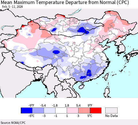 China, Mongolia and Taiwan Mean Maximum Temperature Departure from Normal (CPC) Thematic Map For 2/5/2024 - 2/11/2024