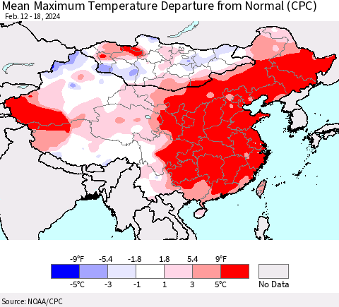 China, Mongolia and Taiwan Mean Maximum Temperature Departure from Normal (CPC) Thematic Map For 2/12/2024 - 2/18/2024