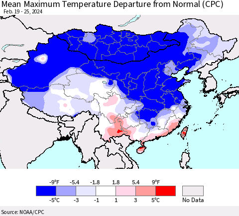 China, Mongolia and Taiwan Mean Maximum Temperature Departure from Normal (CPC) Thematic Map For 2/19/2024 - 2/25/2024