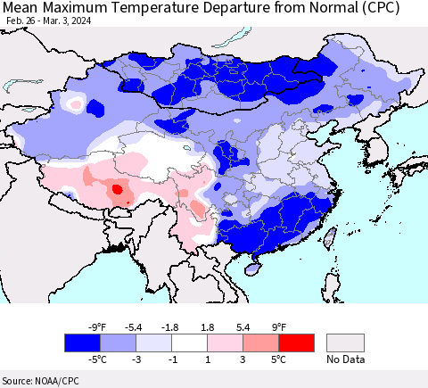 China, Mongolia and Taiwan Mean Maximum Temperature Departure from Normal (CPC) Thematic Map For 2/26/2024 - 3/3/2024