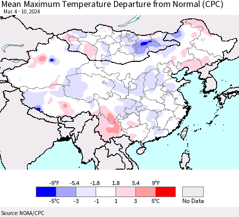 China, Mongolia and Taiwan Mean Maximum Temperature Departure from Normal (CPC) Thematic Map For 3/4/2024 - 3/10/2024