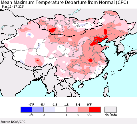 China, Mongolia and Taiwan Mean Maximum Temperature Departure from Normal (CPC) Thematic Map For 3/11/2024 - 3/17/2024