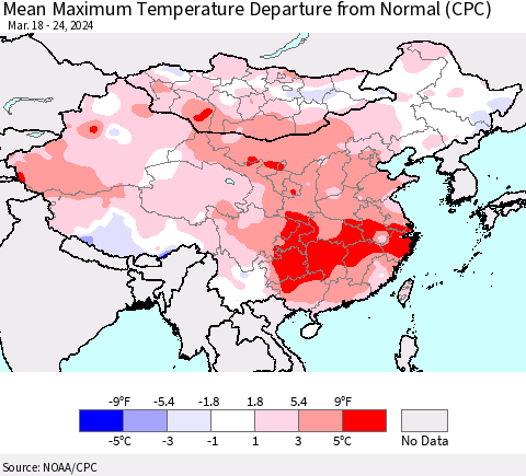 China, Mongolia and Taiwan Mean Maximum Temperature Departure from Normal (CPC) Thematic Map For 3/18/2024 - 3/24/2024