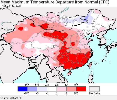 China, Mongolia and Taiwan Mean Maximum Temperature Departure from Normal (CPC) Thematic Map For 3/25/2024 - 3/31/2024