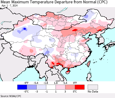 China, Mongolia and Taiwan Mean Maximum Temperature Departure from Normal (CPC) Thematic Map For 4/1/2024 - 4/7/2024