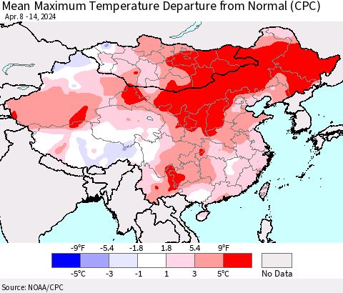 China, Mongolia and Taiwan Mean Maximum Temperature Departure from Normal (CPC) Thematic Map For 4/8/2024 - 4/14/2024