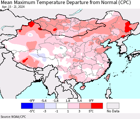 China, Mongolia and Taiwan Mean Maximum Temperature Departure from Normal (CPC) Thematic Map For 4/15/2024 - 4/21/2024