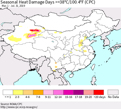 China and Taiwan Seasonal Heat Damage Days >=38°C/100.4°F (CPC) Thematic Map For 3/1/2019 - 7/31/2019
