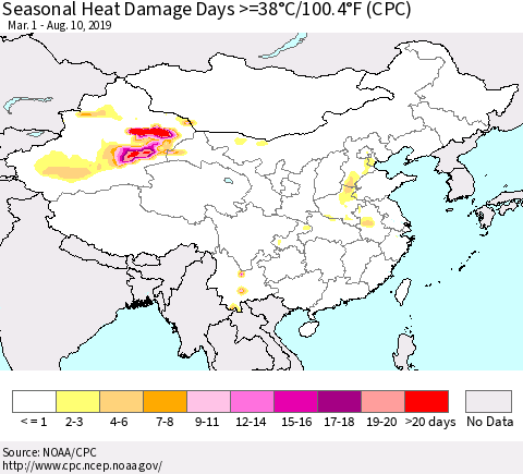 China and Taiwan Seasonal Heat Damage Days >=38°C/100.4°F (CPC) Thematic Map For 3/1/2019 - 8/10/2019