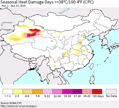 China, Mongolia and Taiwan Seasonal Heat Damage Days >=38°C/100°F (CPC) Thematic Map For 3/1/2019 - 9/10/2019