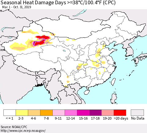 China and Taiwan Seasonal Heat Damage Days >=38°C/100.4°F (CPC) Thematic Map For 3/1/2019 - 10/31/2019