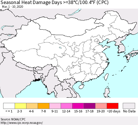 China, Mongolia and Taiwan Seasonal Heat Damage Days >=38°C/100°F (CPC) Thematic Map For 3/1/2020 - 3/10/2020
