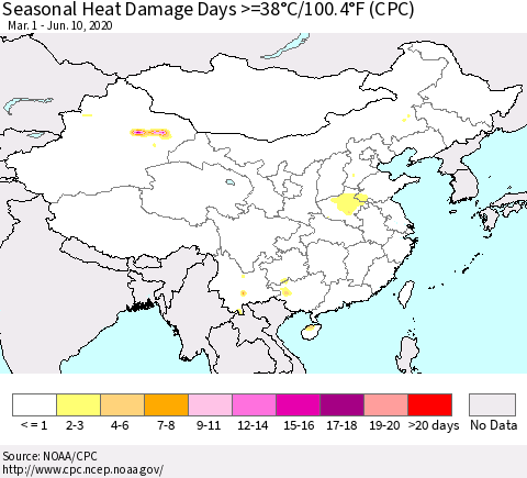 China, Mongolia and Taiwan Seasonal Heat Damage Days >=38°C/100°F (CPC) Thematic Map For 3/1/2020 - 6/10/2020