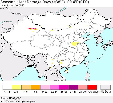 China, Mongolia and Taiwan Seasonal Heat Damage Days >=38°C/100°F (CPC) Thematic Map For 3/1/2020 - 6/20/2020