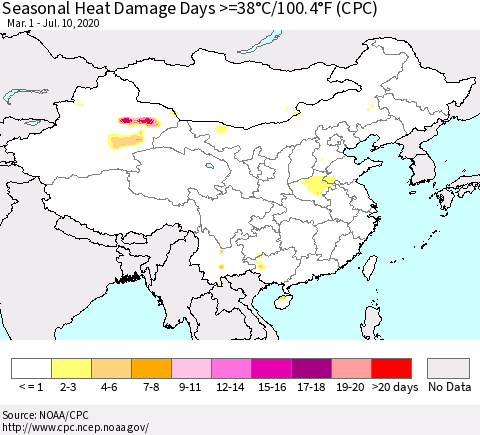 China, Mongolia and Taiwan Seasonal Heat Damage Days >=38°C/100°F (CPC) Thematic Map For 3/1/2020 - 7/10/2020