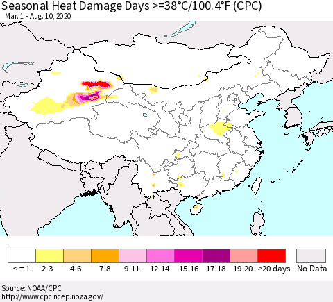 China, Mongolia and Taiwan Seasonal Heat Damage Days >=38°C/100°F (CPC) Thematic Map For 3/1/2020 - 8/10/2020