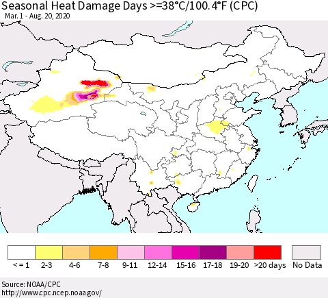 China, Mongolia and Taiwan Seasonal Heat Damage Days >=38°C/100°F (CPC) Thematic Map For 3/1/2020 - 8/20/2020