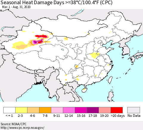 China, Mongolia and Taiwan Seasonal Heat Damage Days >=38°C/100°F (CPC) Thematic Map For 3/1/2020 - 8/31/2020