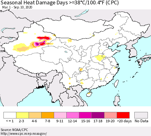 China, Mongolia and Taiwan Seasonal Heat Damage Days >=38°C/100°F (CPC) Thematic Map For 3/1/2020 - 9/10/2020