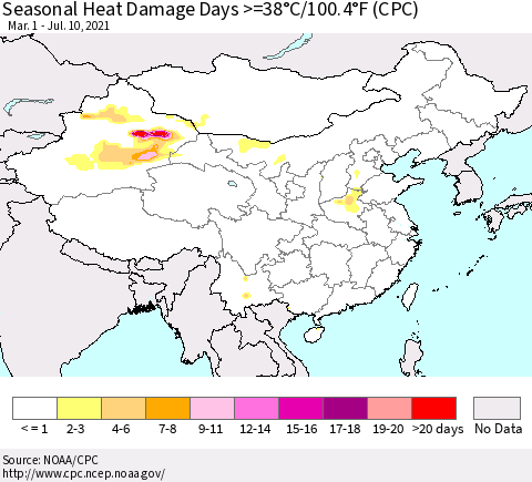 China, Mongolia and Taiwan Seasonal Heat Damage Days >=38°C/100°F (CPC) Thematic Map For 3/1/2021 - 7/10/2021