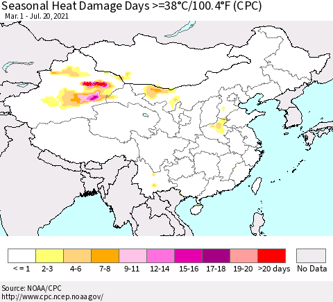China, Mongolia and Taiwan Seasonal Heat Damage Days >=38°C/100°F (CPC) Thematic Map For 3/1/2021 - 7/20/2021