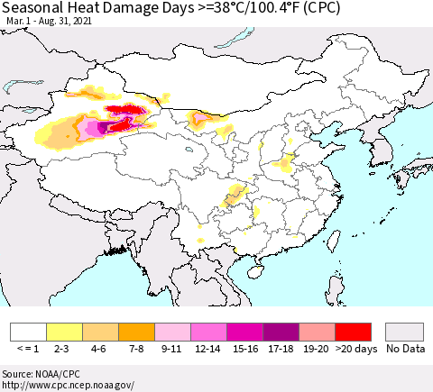 China, Mongolia and Taiwan Seasonal Heat Damage Days >=38°C/100°F (CPC) Thematic Map For 3/1/2021 - 8/31/2021