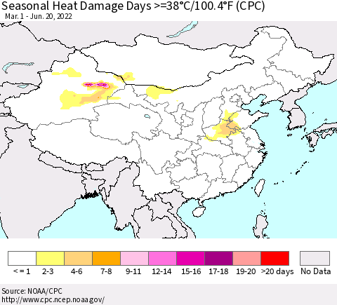 China, Mongolia and Taiwan Seasonal Heat Damage Days >=38°C/100°F (CPC) Thematic Map For 3/1/2022 - 6/20/2022
