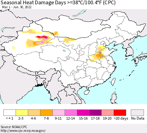 China, Mongolia and Taiwan Seasonal Heat Damage Days >=38°C/100°F (CPC) Thematic Map For 3/1/2022 - 6/30/2022