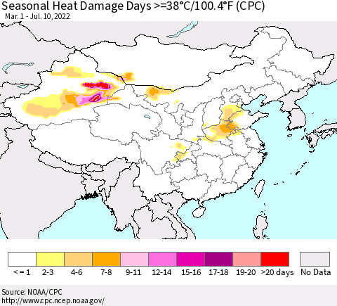 China, Mongolia and Taiwan Seasonal Heat Damage Days >=38°C/100°F (CPC) Thematic Map For 3/1/2022 - 7/10/2022