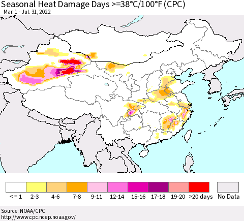 China, Mongolia and Taiwan Seasonal Heat Damage Days >=38°C/100°F (CPC) Thematic Map For 3/1/2022 - 7/31/2022
