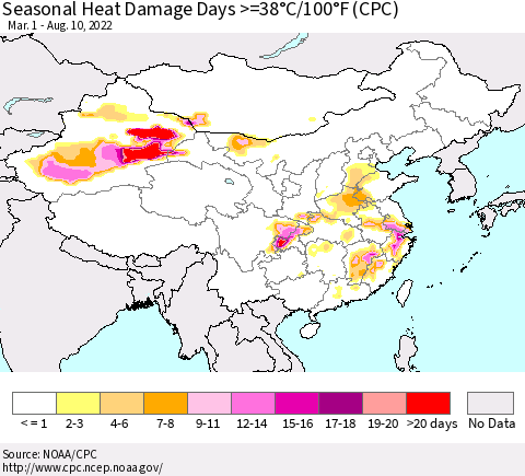 China, Mongolia and Taiwan Seasonal Heat Damage Days >=38°C/100°F (CPC) Thematic Map For 3/1/2022 - 8/10/2022
